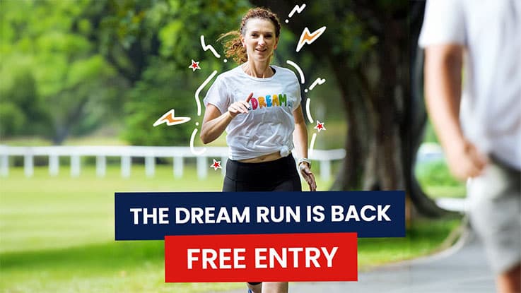 woman running in fundraiser with white t-shirt the dream run is back free entry